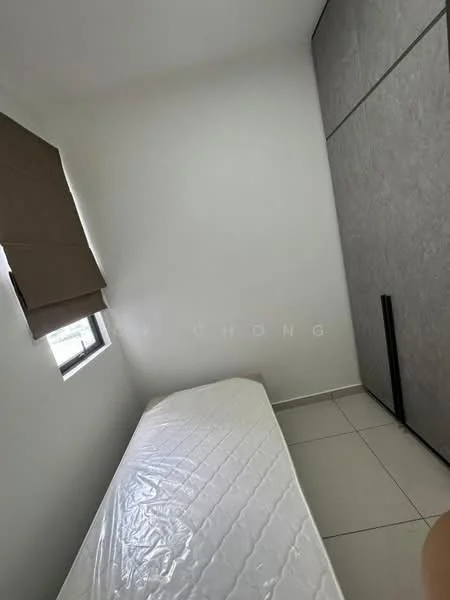 Bedroom features: single bed, white walls, grey accent wall, tile flooring, window with roller blinds, built-in wardrobe, natural light from window; style: modern.