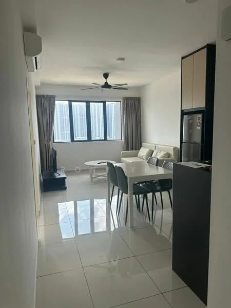 Living features: white painted walls, glossy ceramic tile flooring, 5-blade ceiling fan with light, floor-to-ceiling windows, sheer curtains, sofa in light color, coffee table, TV console, wall-mounted TV, dining table with 4 chairs, refrigerator, kitchen cabinetry; style: modern; view: city.