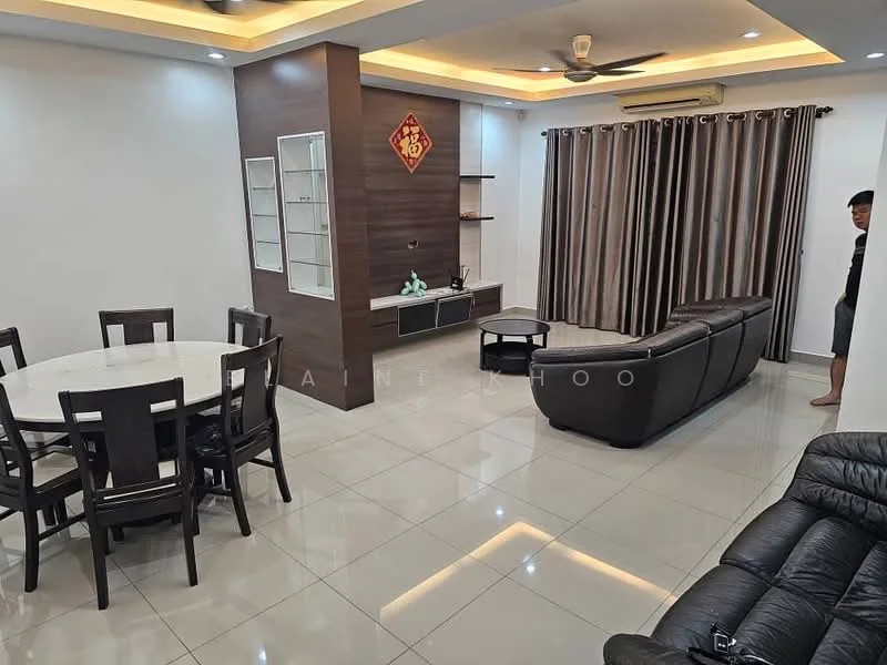 Living features: black leather sofa, 3-seater sofa, coffee table, TV console, wall-mounted TV, recessed downlights, ceiling fan, decorative wall panel, curtains with stripes, white walls, glossy tile flooring; style: modern. Dining features: round dining table, 4 dining chairs, white table top, black wooden legs, glossy tile flooring; style: modern.