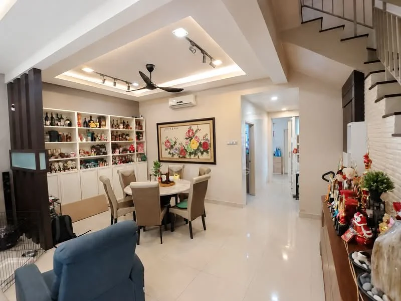 Living features: 5-blade ceiling fan with integrated LED light, recessed downlights, cream painted walls, white tiled flooring, wall-mounted air conditioning unit, decorative wall art, built-in shelving unit with glass doors, dining table with upholstered chairs, decorative plants, open layout to hallway, staircase with wooden railing; style: modern. Room features: white walls, white tiled flooring, open layout, doorway leading to other rooms.