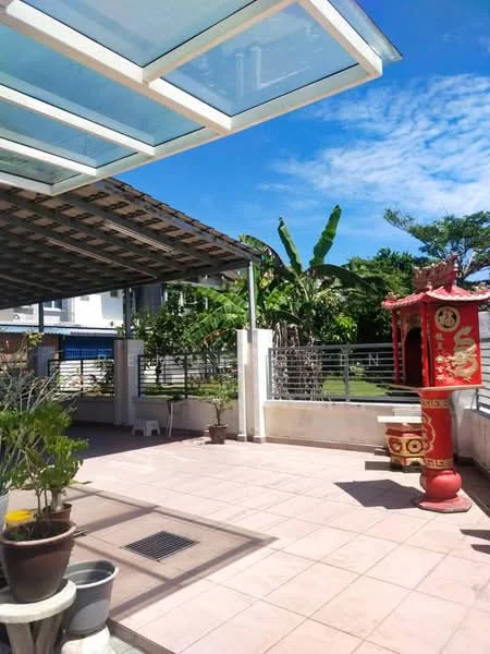 Exterior type: detached bungalow; features: covered patio with glass roof, paved flooring, decorative red structure, tropical landscaping with banana trees, fenced yard, open space, outdoor seating area; style: modern.