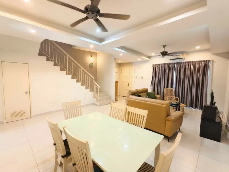 Living features: 5-blade ceiling fan with light, cream painted walls, white tiled flooring, sofa in beige leather, coffee table, TV console, wall-mounted TV, curtains in grey, recessed downlights, open-plan layout, staircase with white railing, decorative wall light; style: modern. Dining features: 6-seater dining table, light green glass tabletop, wooden dining chairs; style: modern.