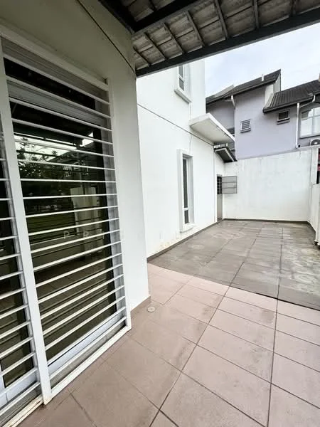 Room features: sliding glass door, white painted walls, grey tiled flooring, covered roof, exterior wall with white paint, concrete patio, window with horizontal slats, open space; style: modern; view: garden.