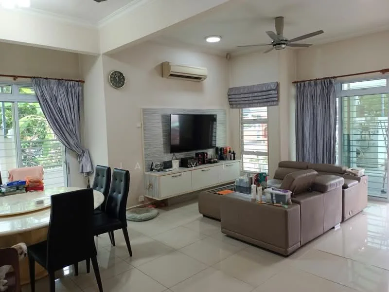 Living features: 3-seater fabric sofa in beige, coffee table, wall-mounted TV, TV console with storage, ceiling fan, recessed downlights, floor-to-ceiling windows, sheer curtains, white painted walls, glossy tile flooring; style: modern; view: garden. Dining features: round dining table, 4 black dining chairs, decorative wall clock, white painted walls, glossy tile flooring; style: modern; view: garden.