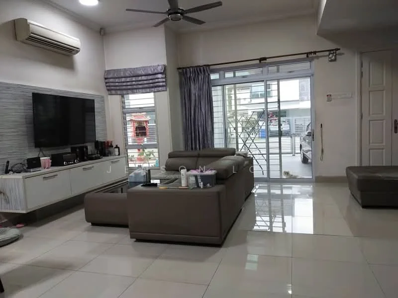 Living features: 3-seater leather sofa in light brown, coffee table, wall-mounted TV, TV console with storage, floor-to-ceiling windows, sliding glass door, curtains, ceiling fan, air conditioning unit, white painted walls, glossy tile flooring; style: modern; view: garden.