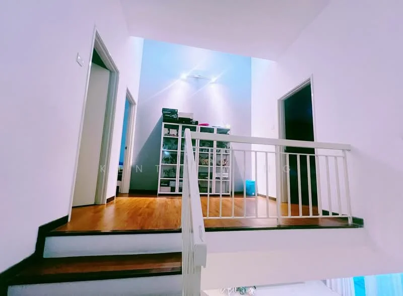 Room features: wooden flooring, white painted walls, recessed downlights, open railing, shelves, doorways, staircase, natural light; style: modern.