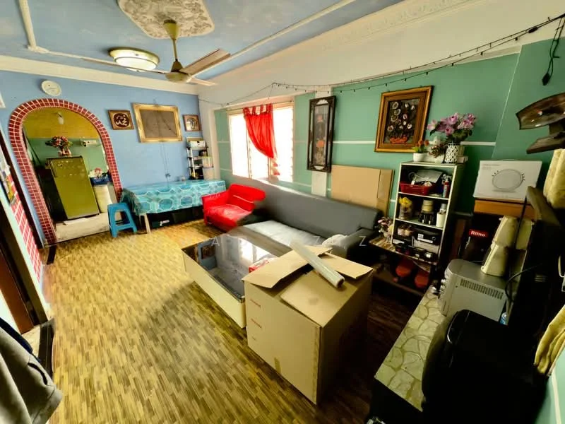 Living features: wooden flooring, blue painted walls, green painted walls, red accent wall, sofa in red, coffee table, TV console, wall-mounted TV, decorative artwork, ceiling fan, window with sheer curtains, open shelving, decorative plants, box of items, arched doorway; style: traditional.