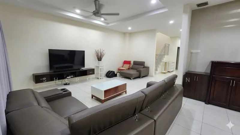 Living features: L-shape sectional sofa in dark brown leather, 2-seater fabric sofa in grey, coffee table with white top and wooden base, wall-mounted flat-screen TV, ceiling fan with light, recessed downlights, tile flooring, decorative plant in a vase, side chair in red, built-in cabinetry, neutral painted walls; style: modern.