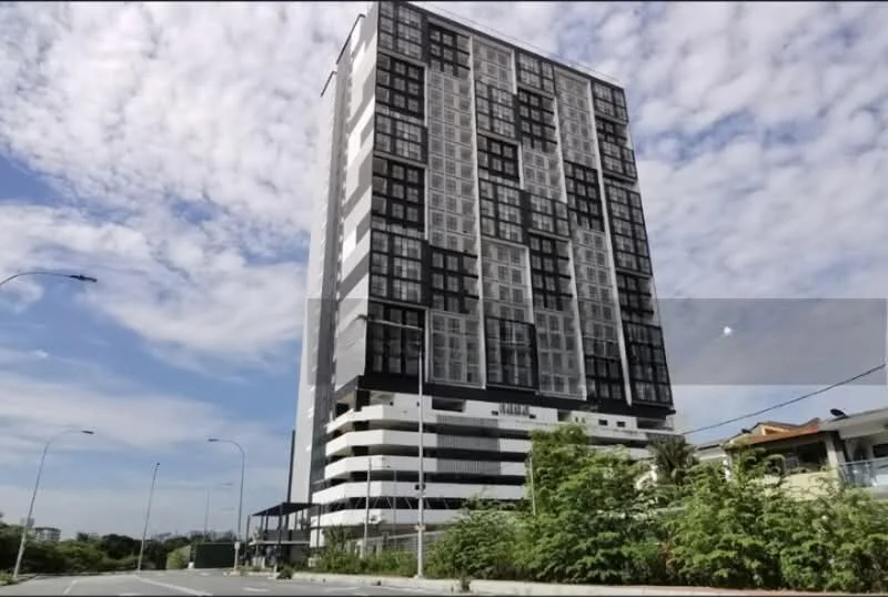 Exterior type: high-rise condominium; features: black and white facade, glass curtain wall, projecting balconies, approximately 10-storey high-rise, surrounded by greenery, street view, parking deck visible, modern architectural design; style: modern.