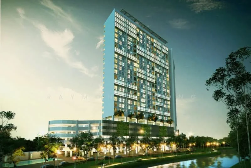 Exterior type: high-rise condominium; features: glass curtain wall, projecting balconies, multiple storeys, landscaped grounds, surrounded by greenery, water feature in front, modern architectural design, outdoor terraces, night lighting, elevated structure; style: modern.