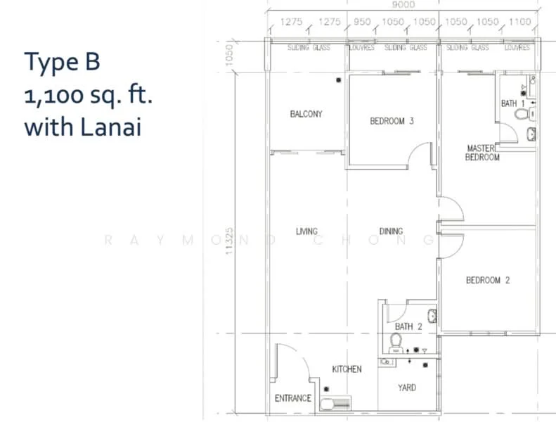 Floor plan: 3-bedroom 2-bathroom unit; features: open-plan kitchen-dining-living, master bedroom with ensuite bathroom, balcony off living room, utility room, yard area, central foyer.