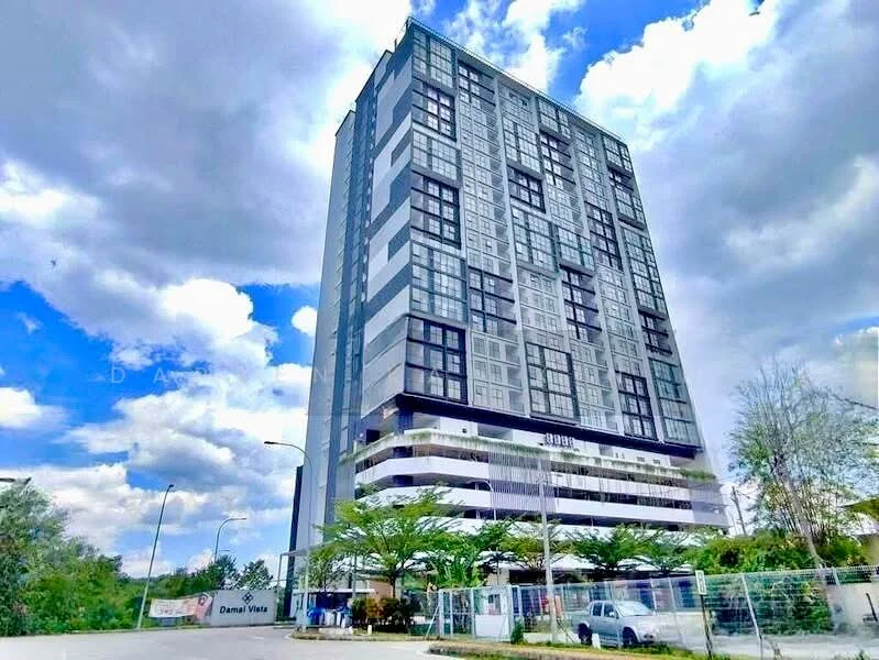 Exterior type: high-rise condominium; features: glass curtain wall, white painted facade, projecting balconies, approximately 20-storey high-rise, manicured lawn, surrounded by mature greenery; style: modern.