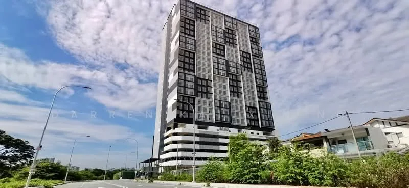 Exterior type: high-rise condominium; features: black and white facade, glass curtain wall, recessed balconies, approximately 20-storey high-rise, surrounded by greenery, urban context with nearby residential buildings; style: modern.
