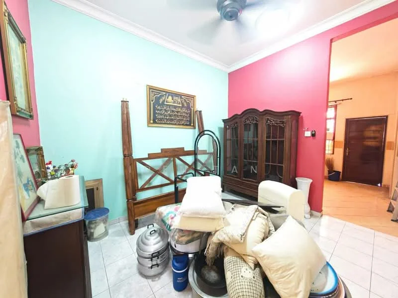 Room features: light blue painted walls, pink painted walls, white tiled flooring, ceiling fan, wooden furniture, decorative wall art, stacked cushions, glass display cabinet, various containers, wooden bench; style: traditional.