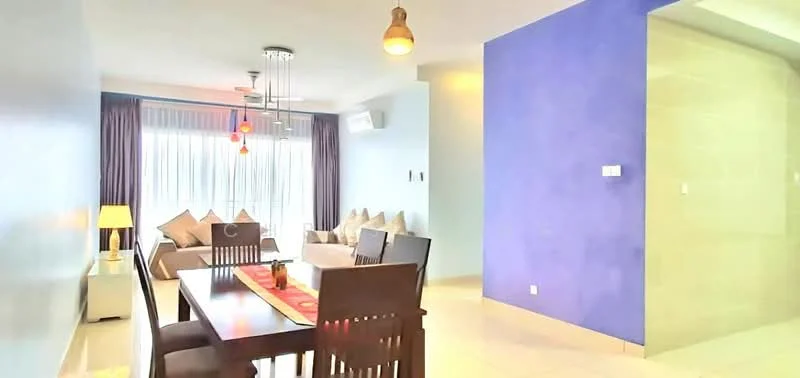 Living features: light blue painted walls, purple accent wall, white tiled flooring, sofa with cushions, coffee table, dining table with four chairs, pendant lighting, floor-to-ceiling windows with sheer curtains, air conditioning unit, decorative wall art; style: modern.
