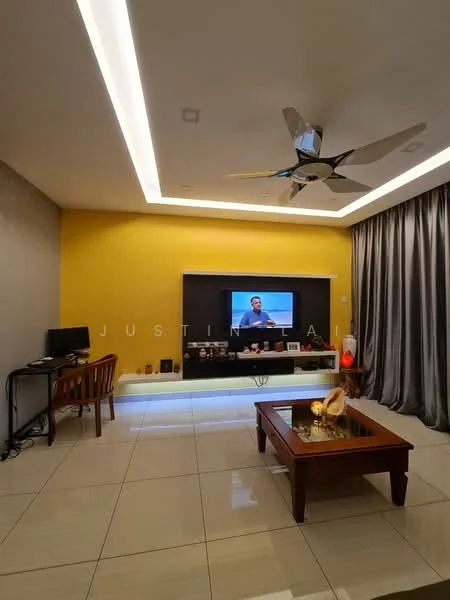 Living features: yellow accent wall, grey painted walls, glossy white tile flooring, 5-blade ceiling fan with light, recessed LED downlights, wall-mounted TV, TV console, wooden coffee table, decorative items on coffee table, curtains, computer desk, wooden chair; style: modern.
