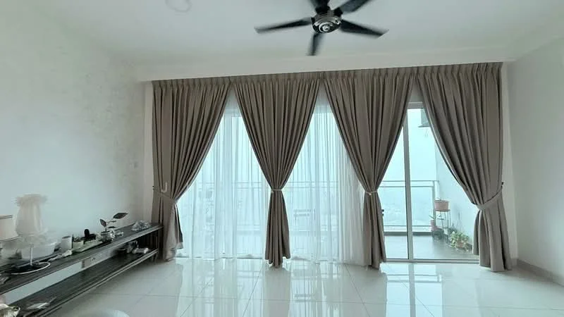 Room features: white painted walls, glossy tile flooring, floor-to-ceiling windows, sheer curtains, heavy drapes, ceiling fan, glass balcony railing, decorative plant on balcony; style: modern; view: city.