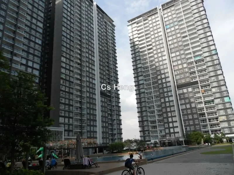Exterior type: high-rise condominium; features: glass curtain wall, two tall buildings, swimming pool in foreground, landscaped garden area, manicured lawn, outdoor seating area, children's playground, paved walkway; style: modern.