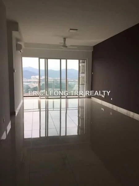 Living features: large floor-to-ceiling windows, sliding glass door, grey accent wall, white painted walls, polished tile flooring, 5-blade ceiling fan, mountain view, recessed downlights; style: modern; view: mountain.
