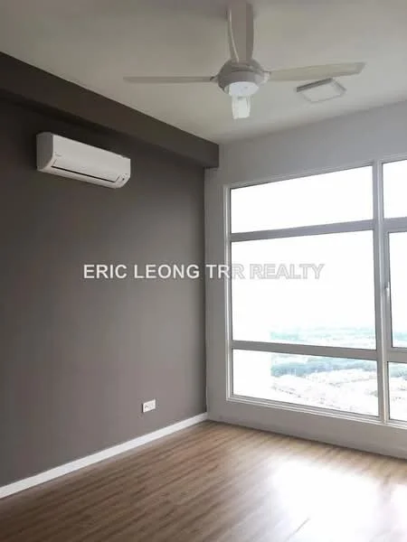 Room features: light brown laminate flooring, grey painted walls, floor-to-ceiling windows, 1 wall-mounted split AC, 5-blade ceiling fan with light, window with city view; style: modern; view: city.