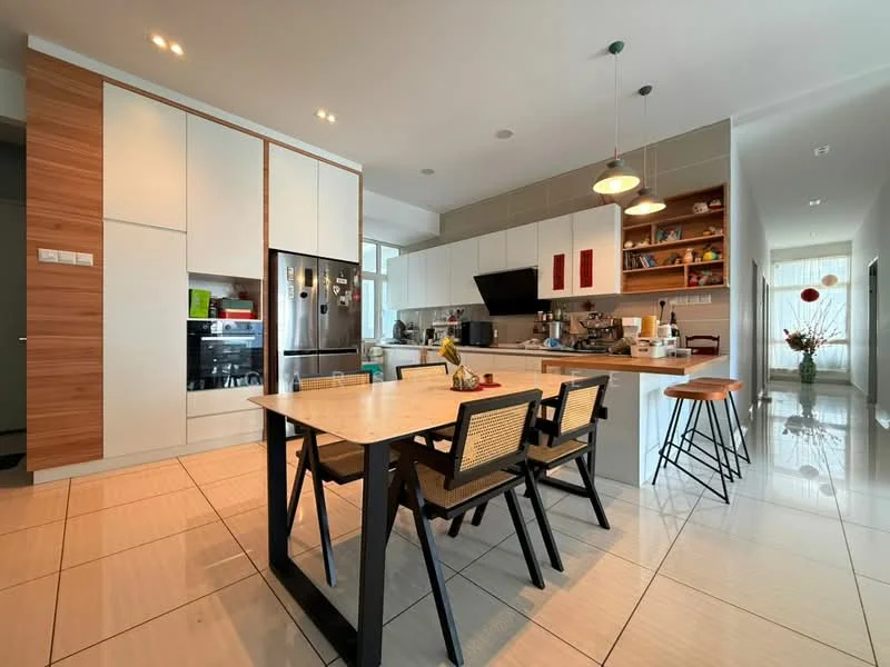 Kitchen features: white cabinetry with wood accents, stainless-steel fridge, built-in oven, freestanding range oven, quartz countertop, kitchen island with seating, pendant lighting, open shelving, ceramic tile flooring, wall-mounted TV, decorative wall art, large window for natural light, dining table with black legs and wooden top, four dining chairs; style: modern.
