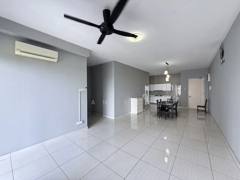 Living features: grey painted walls, polished ceramic tile flooring, 5-blade ceiling fan with light, wall-mounted split AC, dining table with chairs, kitchen area visible in background, recessed downlights, open layout; style: modern.