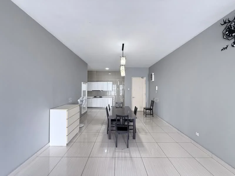 Dining features: grey painted walls, glossy tile flooring, dining table with black chairs, white sideboard, pendant lighting, open layout to kitchen, large wall clock, neutral decor; style: modern. Kitchen features: white cabinetry, stainless-steel appliances, countertop with backsplash, open layout to dining area; style: modern.