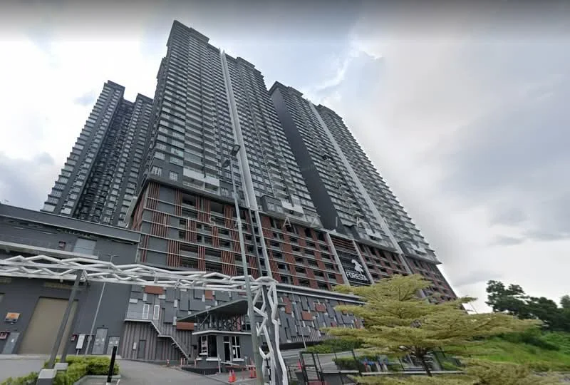 Exterior type: high-rise condominium; features: glass curtain wall, exposed concrete facade, recessed balconies, vertical fins, feature lighting at night, manicured landscaping, surrounded by mature greenery; style: modern.