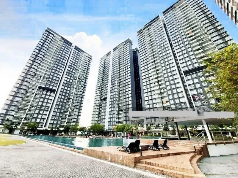 Exterior type: high-rise condominium; features: three high-rise buildings, glass curtain wall facade, swimming pool, pool deck with loungers, manicured lawn, landscaped gardens, paved walkway, outdoor seating area, surrounded by greenery; style: modern.