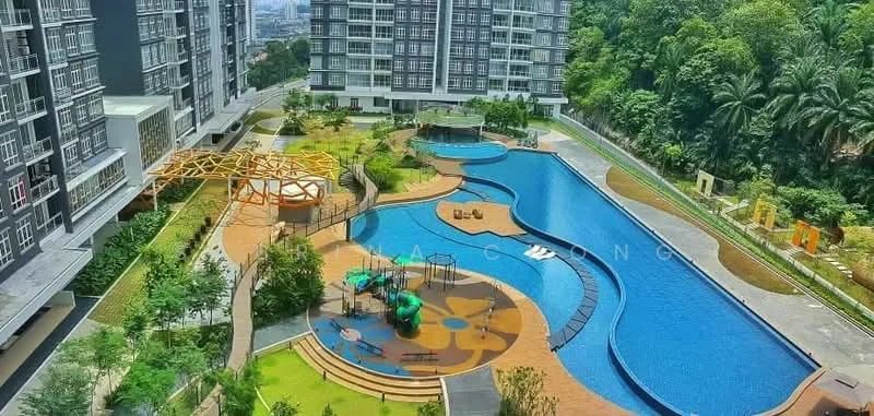 Exterior type: high-rise condominium; features: infinity pool, swimming pool deck, children's playground, landscaped garden, manicured lawn, tropical landscaping, loungers by the pool, water features, walking paths, outdoor seating areas; style: modern.