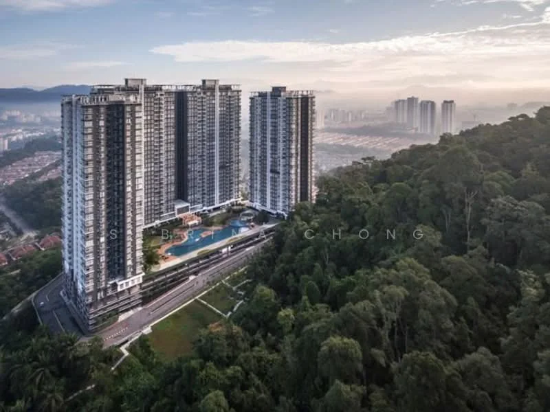Exterior type: high-rise condominium; features: glass curtain wall, multiple balconies, swimming pool, landscaped garden, surrounded by greenery, urban skyline in background, driveway access, parking area; style: modern.