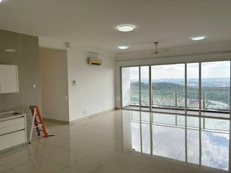 Living features: large floor-to-ceiling windows, white painted walls, cream tiled flooring, recessed ceiling lights, 1 wall-mounted split AC, 5-blade ceiling fan, open layout, city view, sliding glass door, minimalist design, no visible furniture, ladder in the corner; style: modern; view: city.