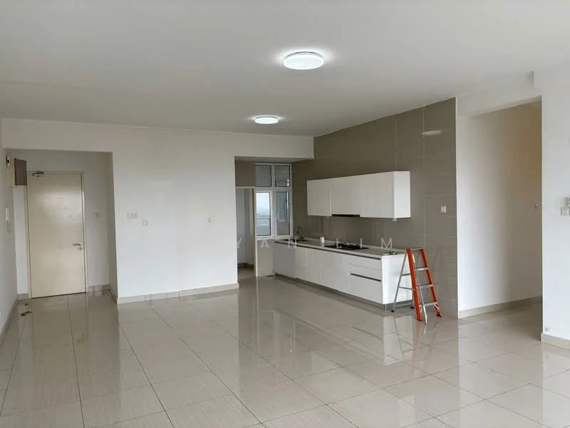 Living features: white painted walls, glossy tile flooring, recessed ceiling lights, kitchenette with white cabinetry, built-in oven, stainless-steel sink, single-bowl stainless-steel sink, countertop with backsplash, window with city view, ladder, open layout; style: modern; view: city.