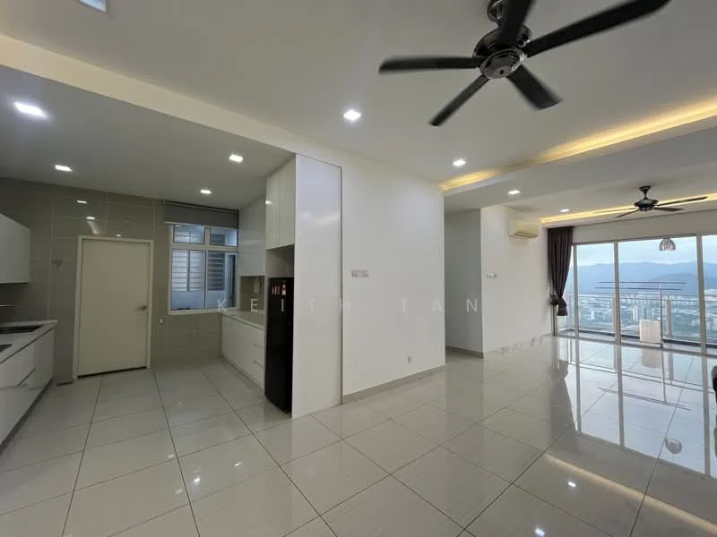 Kitchen features: white cabinetry, stainless-steel fridge, built-in oven, ceramic tile flooring, grey backsplash, single-bowl stainless-steel sink, chrome pull-down faucet, open shelving, recessed downlights; style: modern; view: city. Living features: large floor-to-ceiling windows, sliding glass door, grey ceramic tile flooring, 5-blade ceiling fan with light, recessed downlights, wall-mounted air conditioning unit, curtains, open layout; style: modern; view: city.