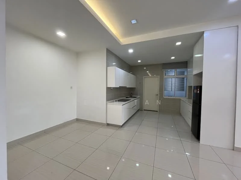 Kitchen features: white glossy cabinetry, black countertop, single-bowl stainless-steel sink, chrome pull-down faucet, built-in oven, freestanding refrigerator, ceramic tile flooring, recessed LED downlights, window for natural light, open layout, neutral wall color, high ceiling; style: modern.