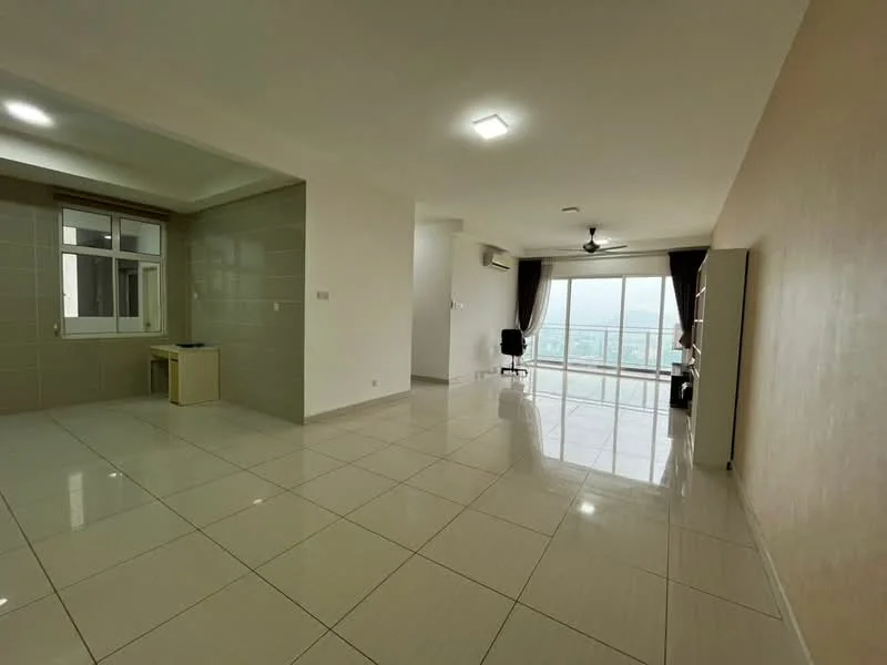 Living features: large floor-to-ceiling windows, white painted walls, glossy ceramic tile flooring, recessed ceiling lights, 5-blade ceiling fan, air conditioning unit, blackout curtains, open layout, neutral color scheme, view of the city skyline; style: modern; view: city. Room features: white painted walls, glossy ceramic tile flooring.