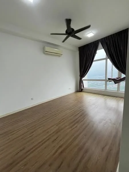 Room features: wooden flooring, white painted walls, 5-blade ceiling fan, floor-to-ceiling windows, dark curtains, air conditioning unit, city view; style: modern; view: city.
