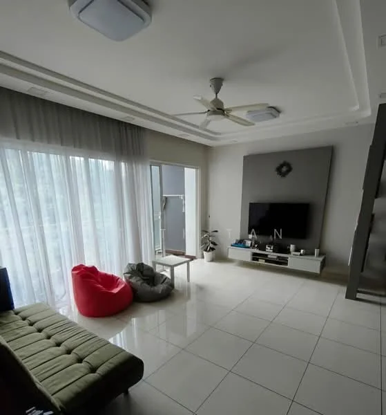 Living features: white painted walls, tray ceiling, recessed downlights, 5-blade ceiling fan, floor-to-ceiling windows, sheer curtains, white TV console, wall-mounted TV, green fabric sofa, bean bag chair, coffee table, glossy tile flooring; style: modern.