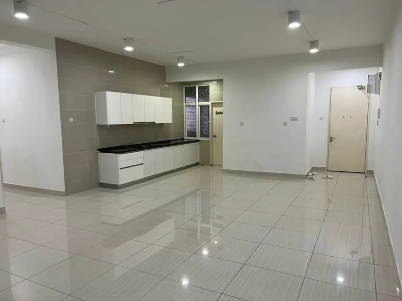Living features: white painted walls, glossy ceramic tile flooring, recessed downlights, kitchen cabinetry with white finish, black countertop, single-bowl stainless-steel sink, built-in kitchen appliances, door leading to hallway, large window with patterned curtain, open layout, neutral color scheme; style: modern.