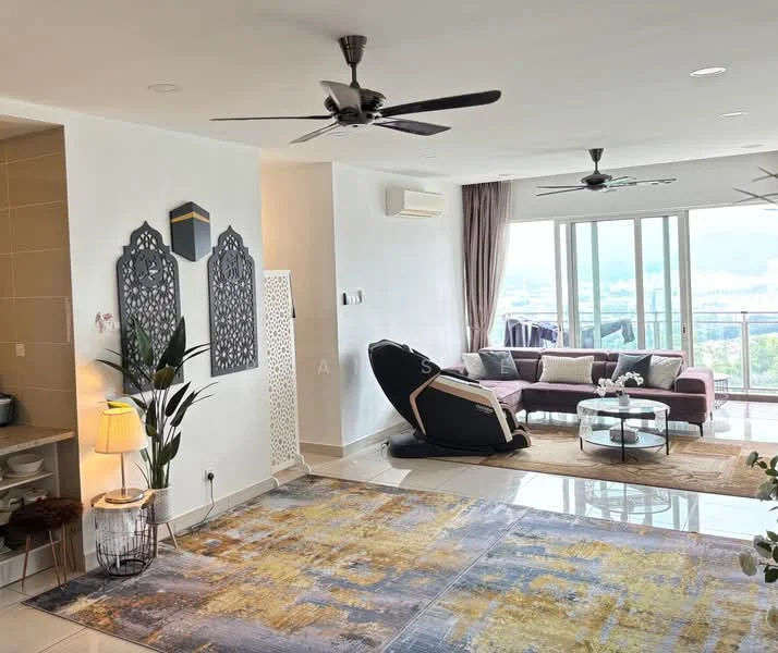 Living features: 3-seater fabric sofa in purple, area rug with abstract pattern, glass coffee table, 2 ceiling fans, floor-to-ceiling windows, curtains, wall-mounted decorative panels, potted plant, wall-mounted air conditioning unit, decorative wall art; style: modern; view: city. Kitchen features: open layout, tile flooring, kitchen island, stainless-steel sink, built-in cabinetry; style: modern.