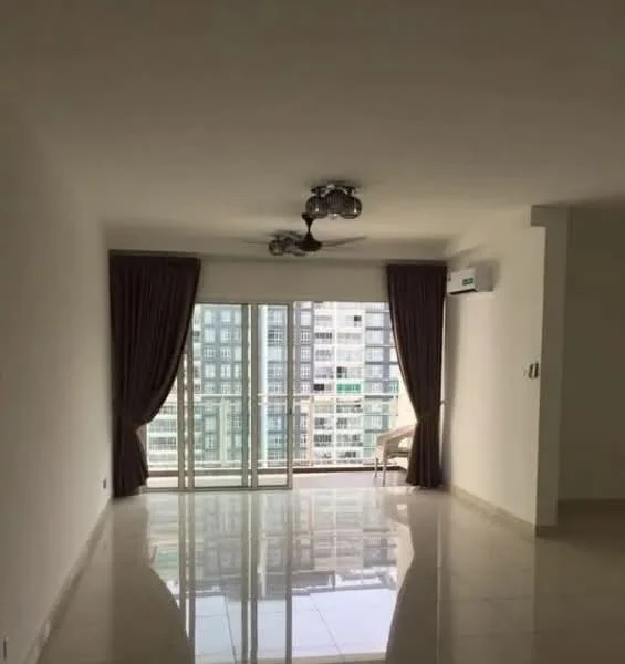 Living features: white painted walls, polished ceramic tile flooring, 5-blade ceiling fan with light, floor-to-ceiling windows, sliding glass door, sheer curtains, curtains in dark brown, air conditioning unit; style: modern; view: city.