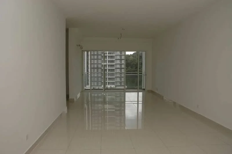 Living features: white painted walls, glossy tile flooring, floor-to-ceiling windows, sliding glass door, natural light, neutral color scheme, open layout, minimalist design; style: modern; view: garden.