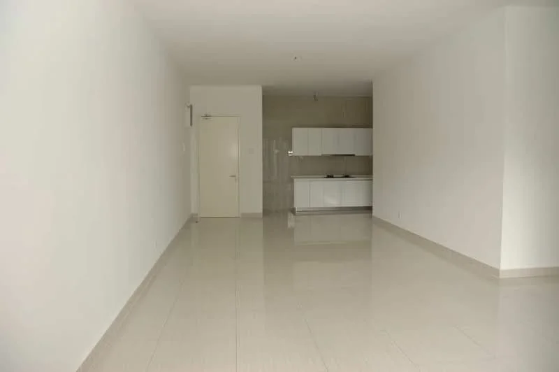 Room features: white painted walls, glossy ceramic tile flooring, recessed downlights, kitchen cabinetry with flat-panel design, single door, open layout, neutral color scheme; style: modern.