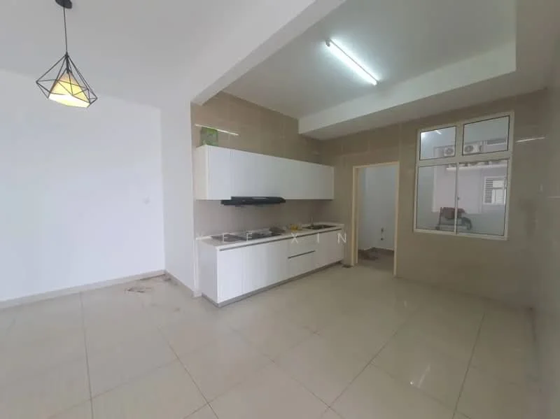Kitchen features: white cabinetry, stainless-steel range hood, built-in gas hob, single-bowl stainless-steel sink, chrome pull-down faucet, white tiled backsplash, light-colored wall tiles, cream floor tiles, recessed ceiling lights, pendant light fixture, window with glass panel, open layout, no visible appliances; style: modern.
