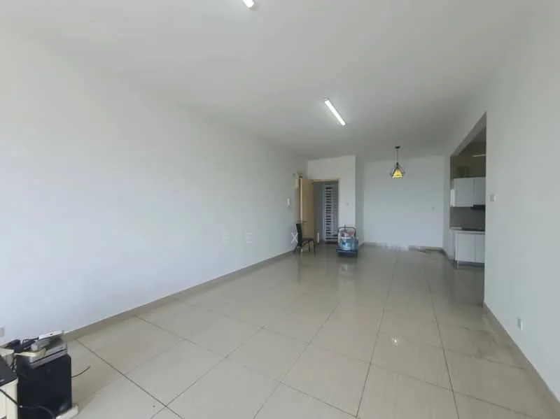 Living features: white painted walls, glossy ceramic tile flooring, recessed downlights, pendant light, large windows, open layout, neutral color scheme, minimalist decor; style: modern.