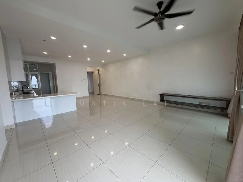 Living features: white painted walls, polished ceramic tile flooring, 5-blade ceiling fan with light, recessed LED downlights, large windows, open layout, neutral color scheme, built-in shelving unit, sliding glass door, natural light; style: modern.