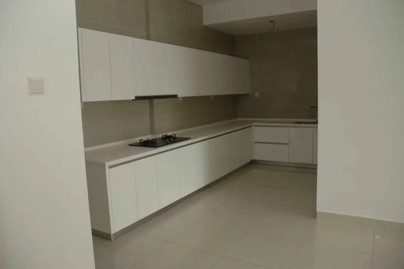 Kitchen features: white flat-panel cabinets, white countertop, built-in gas hob, stainless-steel range hood, ceramic tile flooring, light grey tiled backsplash, single-bowl stainless-steel sink, wall-mounted faucet, recessed downlights, open shelving, no visible appliances, minimalist design; style: modern.