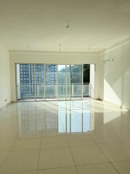 Living features: white painted walls, glossy ceramic tile flooring, floor-to-ceiling windows, sliding glass door, natural light from large windows, recessed downlights, neutral color scheme, open layout; style: modern; view: garden.