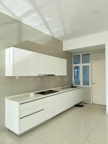 Kitchen features: white flat-panel cabinets, light grey tiled backsplash, white countertop, built-in stove, single-bowl stainless-steel sink, chrome pull-down faucet, ceramic tile flooring, large window for natural light, neutral wall color, recessed ceiling lights; style: modern.