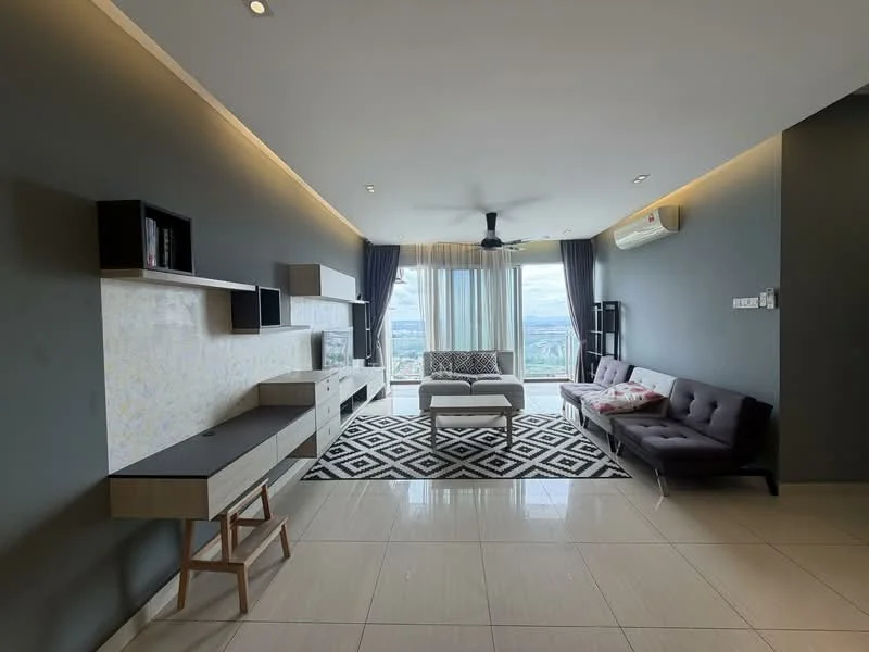 Living features: grey painted walls, white ceiling with recessed lighting, large floor-to-ceiling windows with city view, black and white geometric area rug, 3-seater fabric sofa in dark grey, 2-seater fabric sofa in dark grey, coffee table with white top, TV console with storage, wall-mounted shelves, ceiling fan, air conditioning unit; style: modern; view: city.